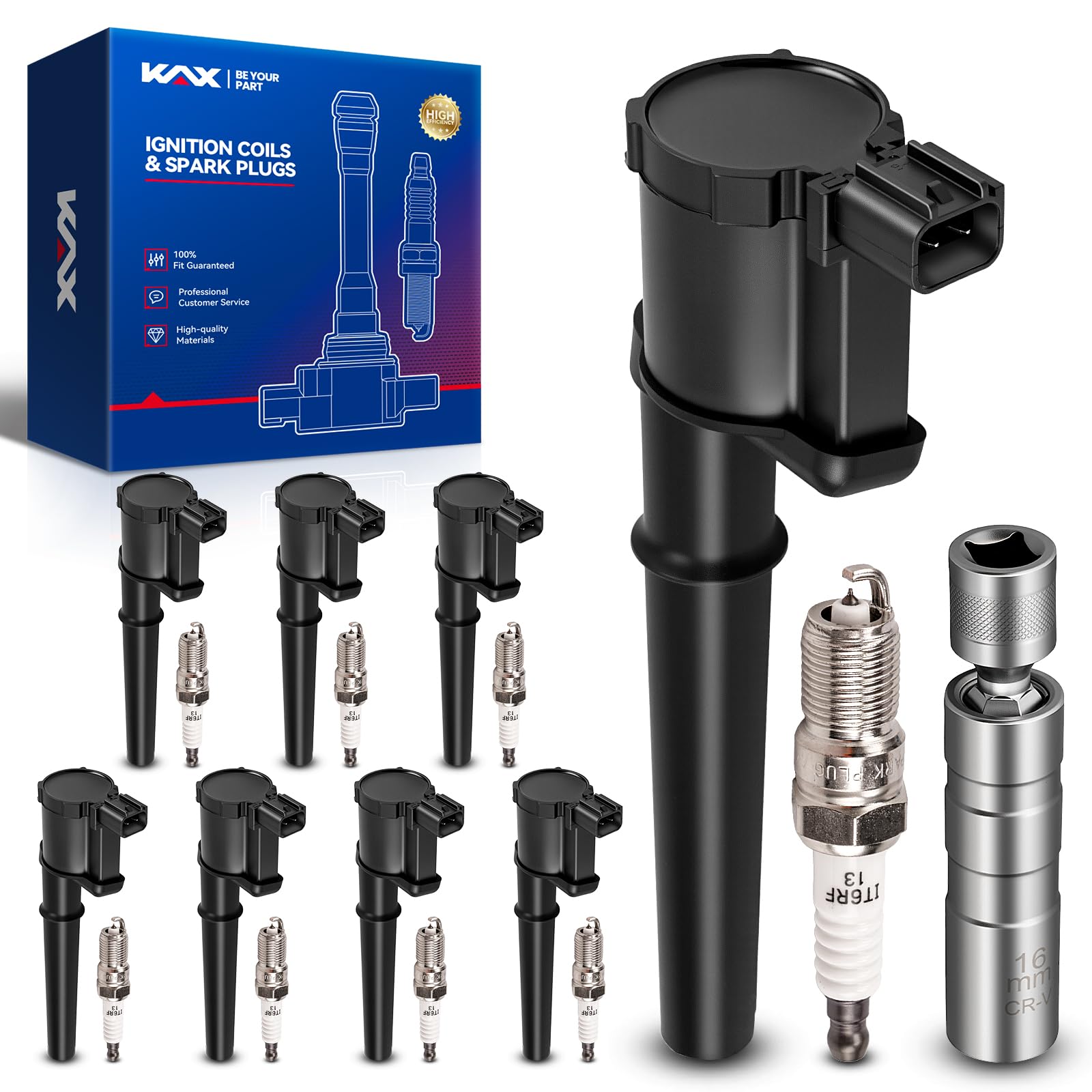 KAX UF191 8 Ignition Coils and 8 Spark Plugs Kit for Ford 4.6L 5.4L 5.8L