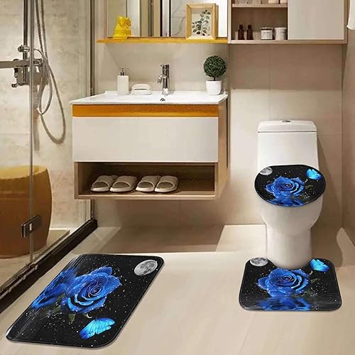 Miniatura 6 de ArtSocket Juego de baño floral de rosas azules con cortina de ducha y alfombras y accesorios, juego de cortina de ducha de flores silvestres para