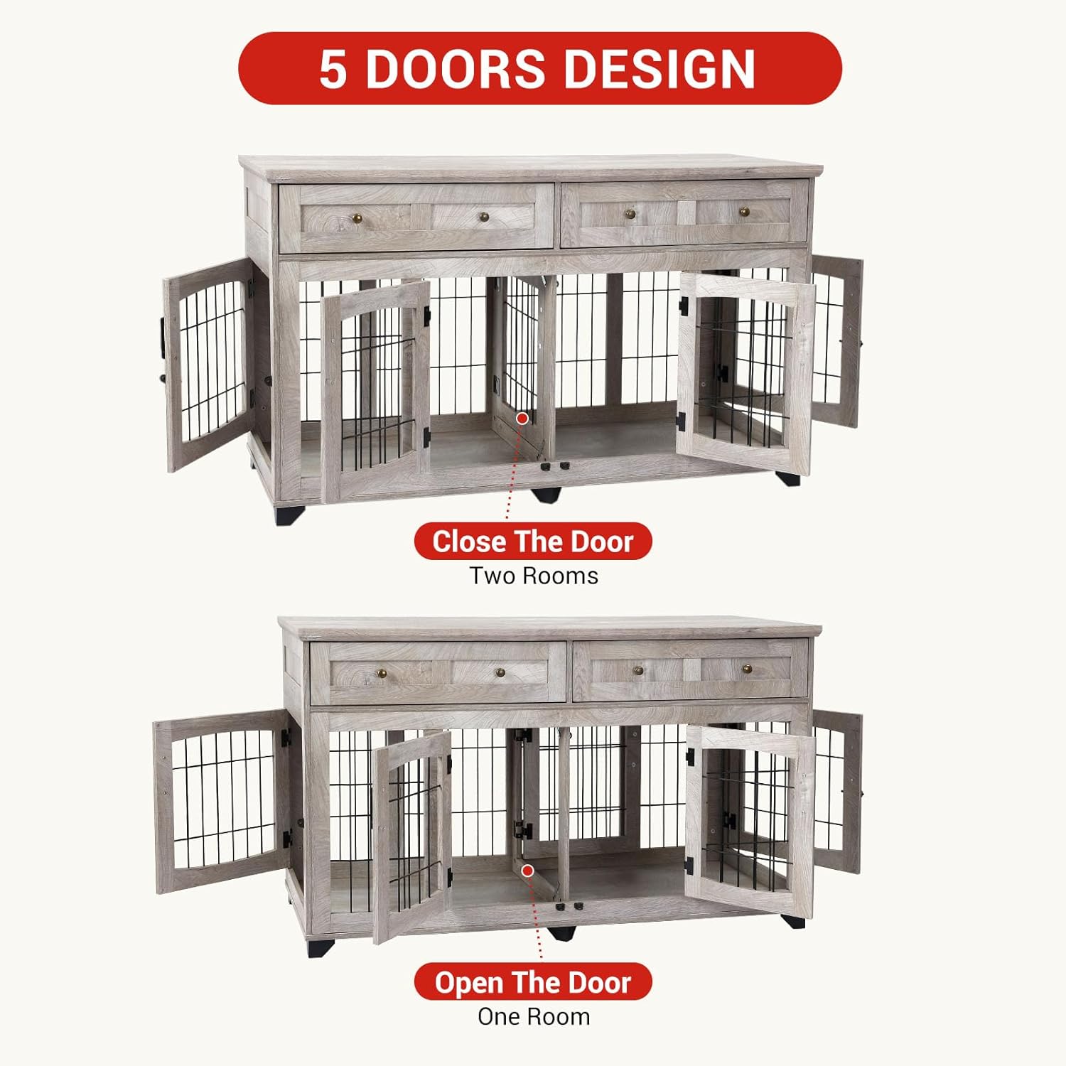Large Dog Crate Furniture, Double Dog Kennel Furniture with 2 Drawers and Removable Divider, XXL Heavy Duty Wood Dog Crate Table for 2 Dogs Indoor (Gray, 58 in)