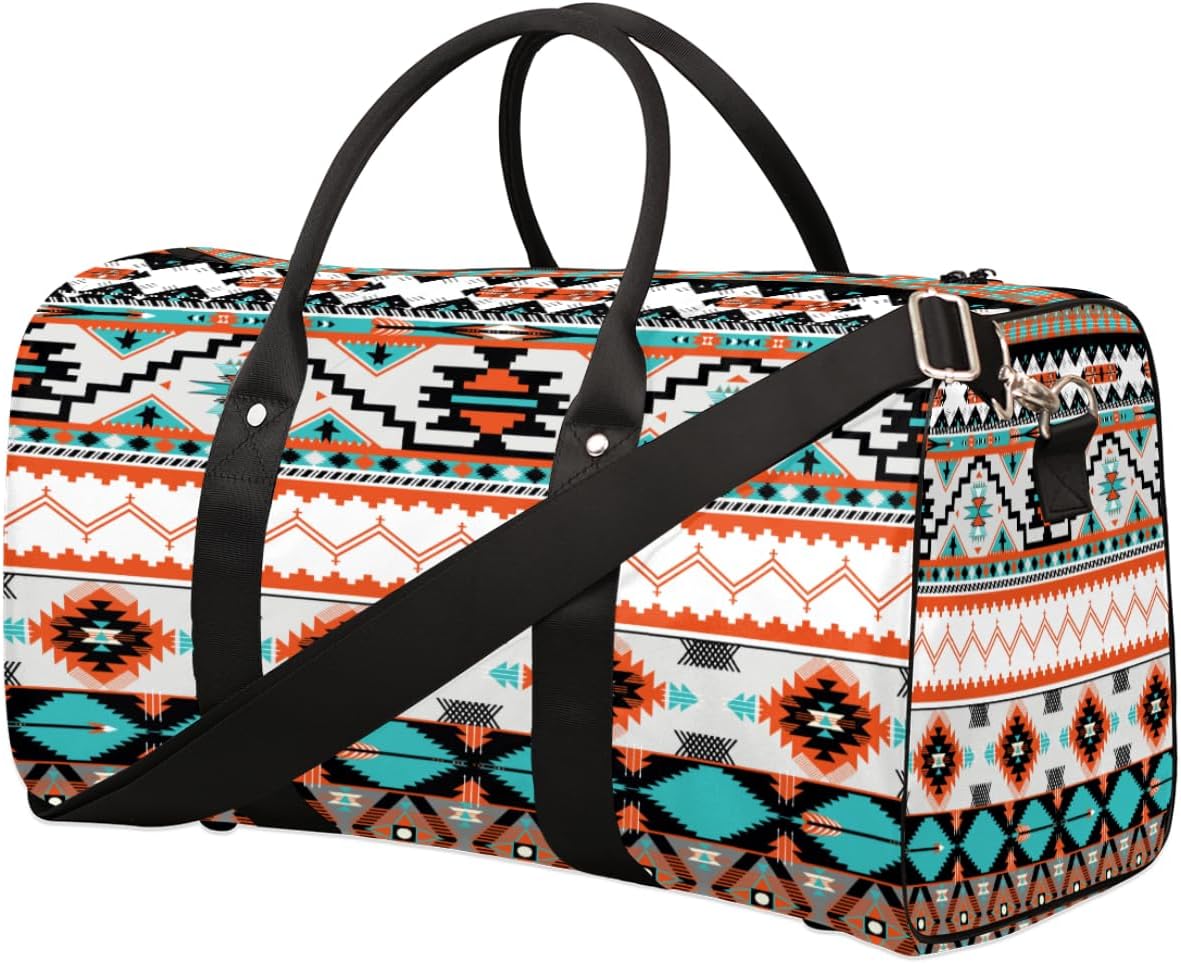 Travel Duffel Bag for Women Men Aztec Western Ethnic Geometry Sport Gym Tote Bag Lightweight Weekender Overnight Bag Workout Bag Waterproof Foldable Carry on Luggage Handbag for Traveling Yoge