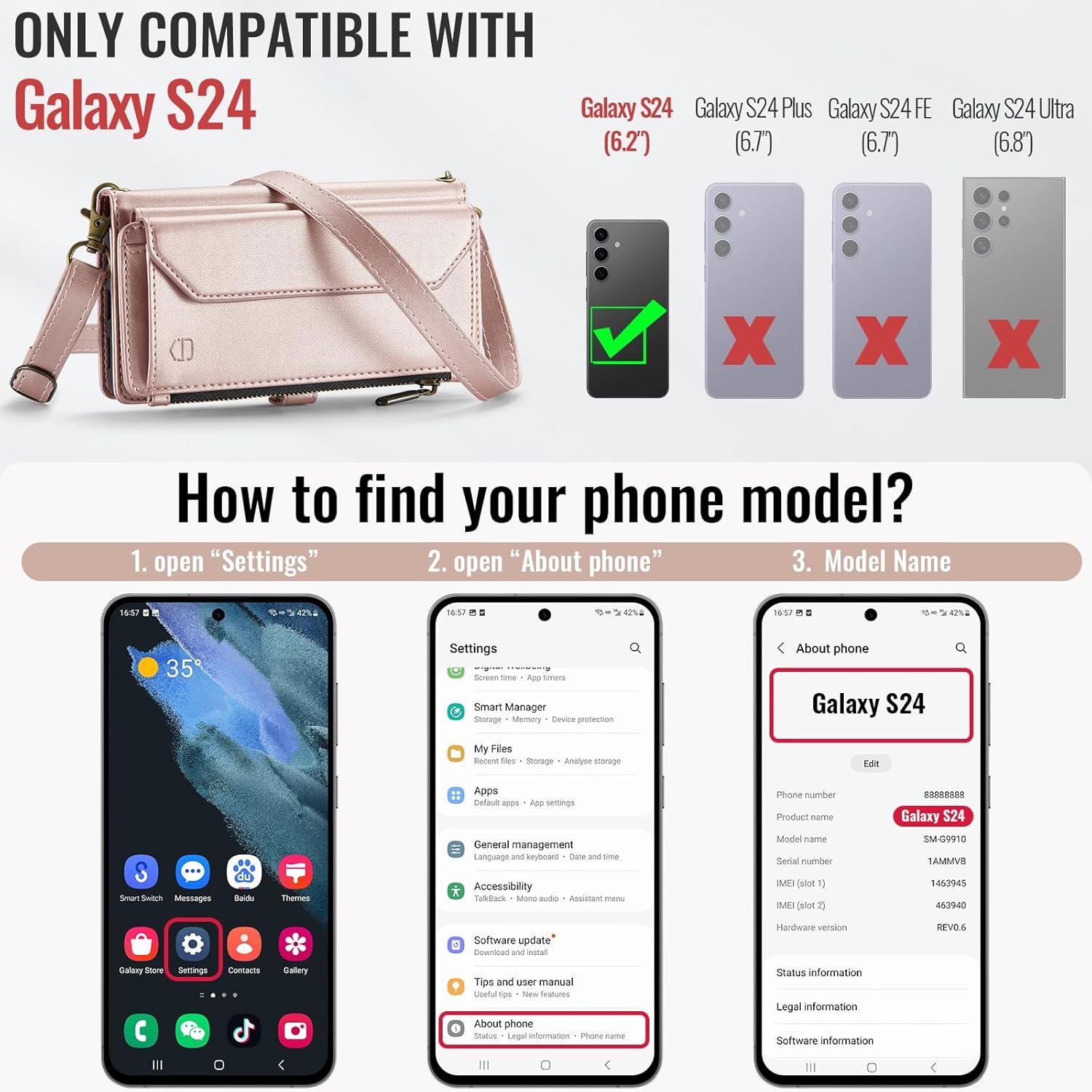Strapurs Wallet Case Compatible with Samsung Galaxy S24 5G RFID Blocking Card Holder Soft PU Leather Magnetic Snap Shoulder Strap Zipper Pocket Phone Case Fit for Galaxy S24 6.2" - Rose Gold