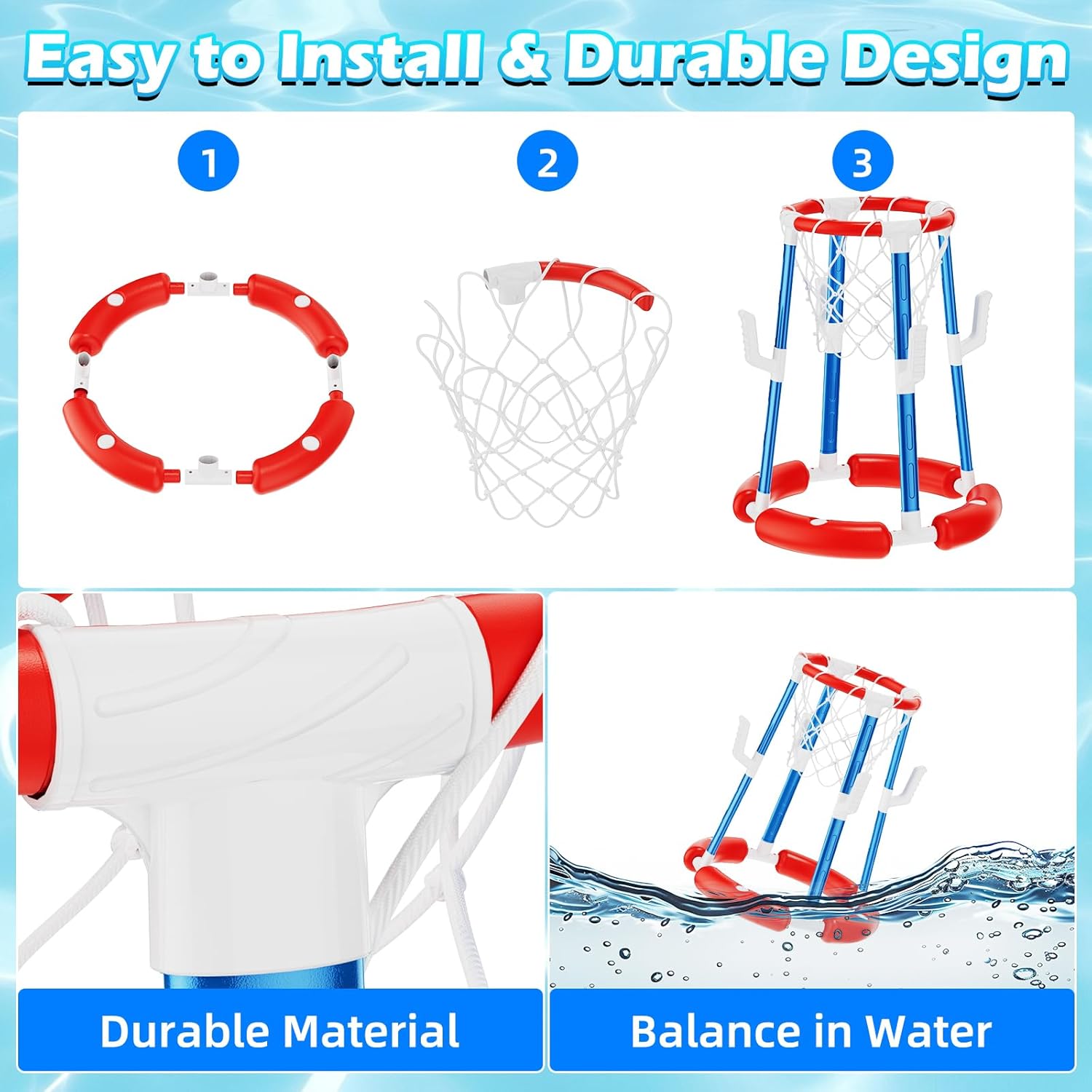 Pool Basketball Hoop, Floating Pool Toy for 3 4 5 6 7 8 9 Years Old Kids Ring Game with 4 Balls 8 Rings & Pump Outdoor Swimming Pool Basketball Games Water Play Toy Family Party for Kids Adults