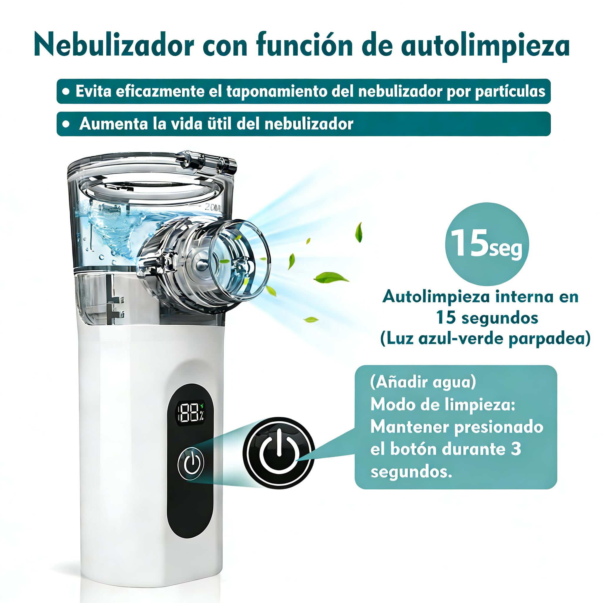Nebulizador Portátil Silencioso para Adultos y Niños con Pantalla Digital, 2 Modos de Nebulización, Carga USB-C Inhalador, Ideal para Casa y Viaje