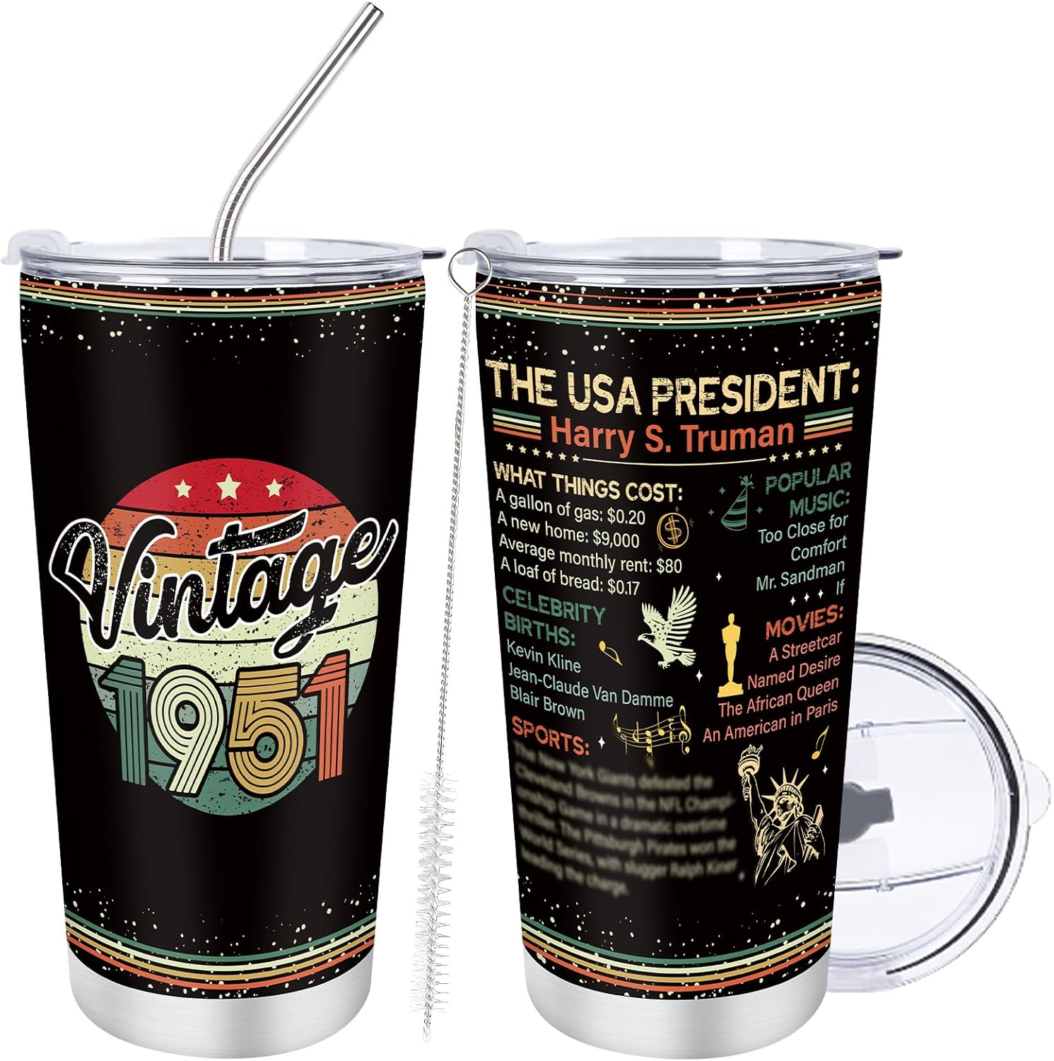 75th Birthday Gifts for Men Women 75 Year Old Gifts Idea for Him Her, 20oz Vintage 1951 Tumbler with Lid Straw, Turning 75th Happy Birthday Presents for Husband Wife Dad Mom Grandpa Grandma