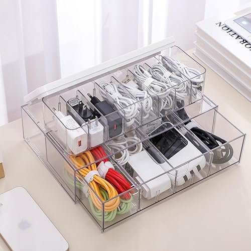 Miniatura 8 de Yesesion Caja organizadora de cables de plástico con compartimentos ajustables, estuche de almacenamiento de cables para accesorios de cajón de