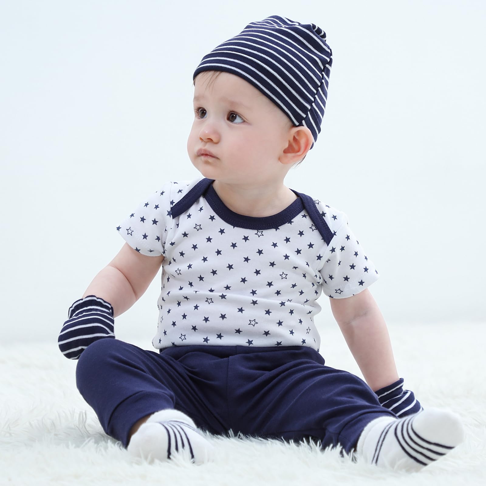 Ruliby Juego de gorros, manoplas y calcetines de algodón para recién nacido, gorro suave para bebés y niñas de 0 a 6 meses