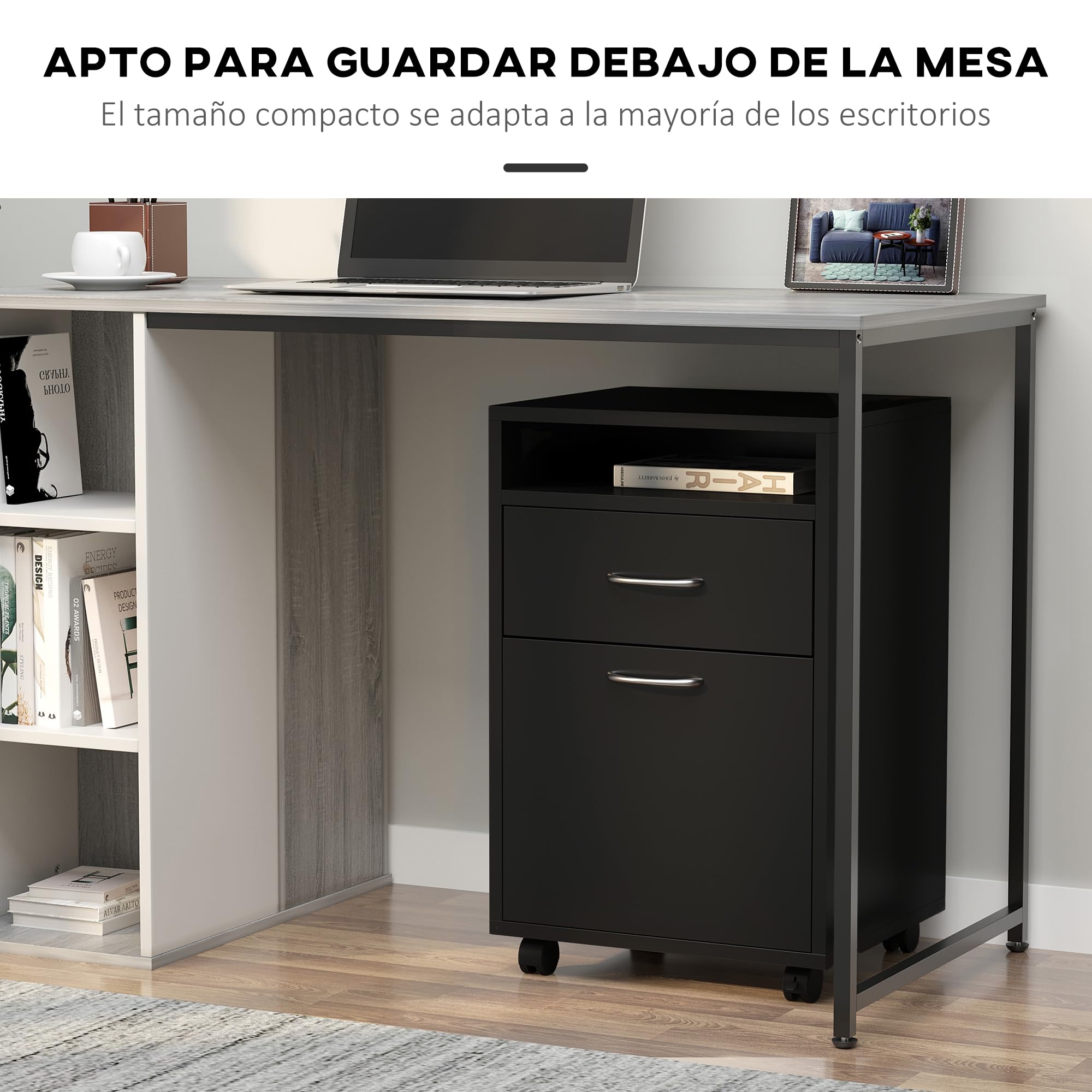 HOMCOM Cajonera de Escritorio con Ruedas, Cajonera de Oficina con Cajón, Compartimento, Puerta, Archivador Móvil para Estudio, Salón, 40x35x60 cm, Negro