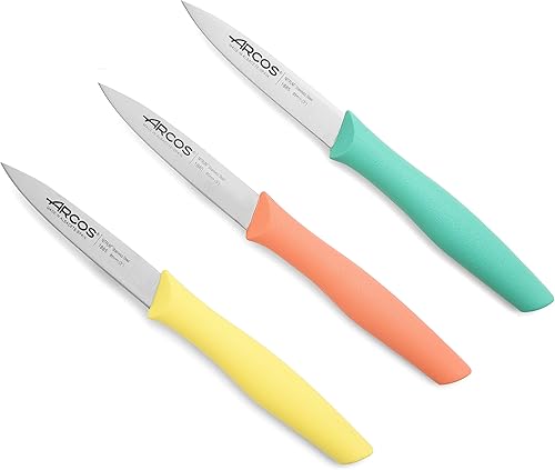 Arcos Juego de 3 cuchillos de pelar de acero inoxidable de 4 pulgadas. Cuchillos de cocina coloridos para pelar frutas y verduras. Mango ergonómico