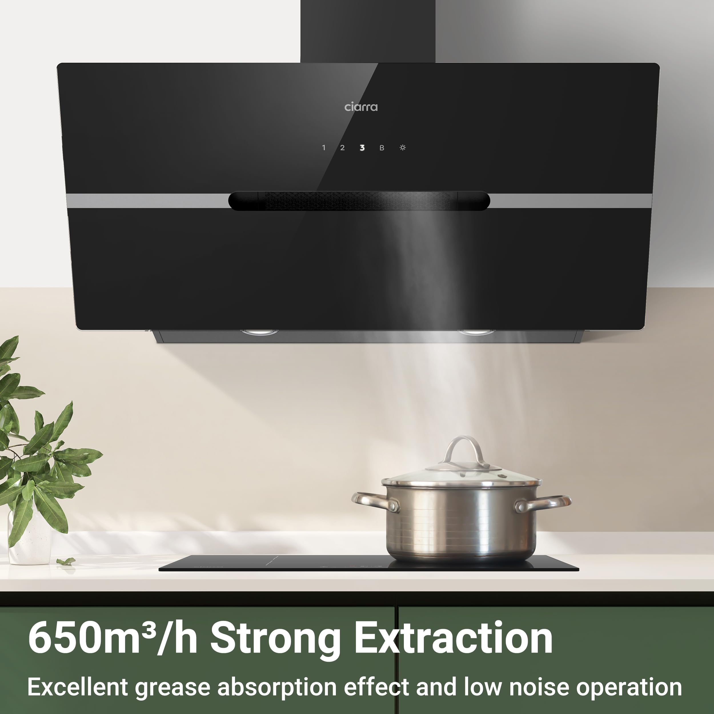 CIARRA CBCB9736F Hotte Aspirante Inclinée 90 cm 650m³/h - Classe A+++ - Filtre à Charbon Inclus - WiFi & Commande Tactile- 3 Vitesses et Fonction Boost - LED Dimmable - Noire