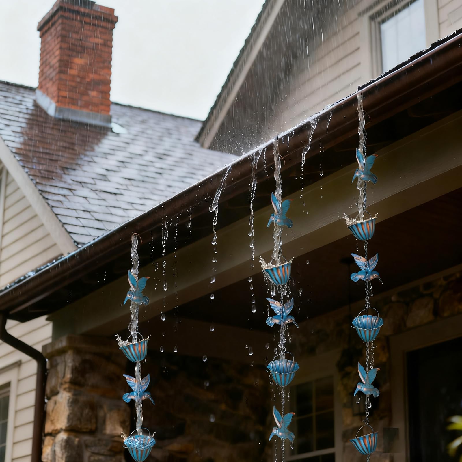 2,4 m Catene della Pioggia, Rain Chain Blu Colibrì Ferro retrò Collettore di Acqua Piovana per Esterni Adatto per Grondaie e Cornicioni del Cortile