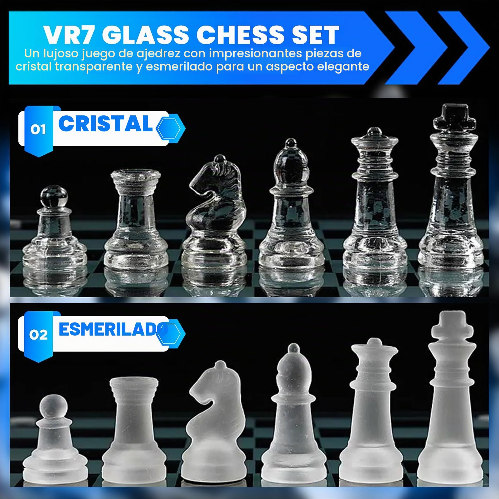 VR7 Juego de Ajedrez de Cristal con Parte Inferior Acolchada, Juego de Ajedrez de Vidrio Esmerilado y Transparente para Adultos, Juego de Mesa de Lujo para 2 Jugadores
