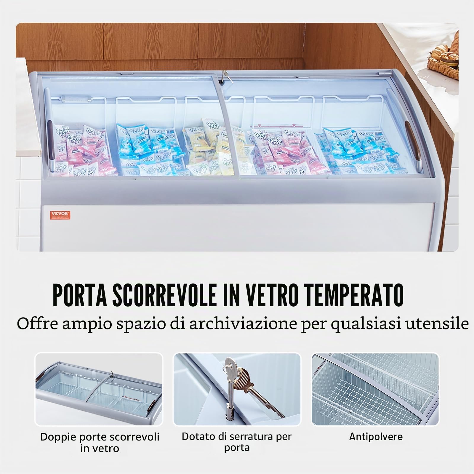 VEVOR Vetrina per Gelato Commerciale 460 L Congelatore Mobile con Piano in Vetro, Armadietto per Gelato per Ristorante, 5 Cestelli Metallici, 2 Porte Scorrevoli in Vetro, Ruote con Bloccaggio, Bianco