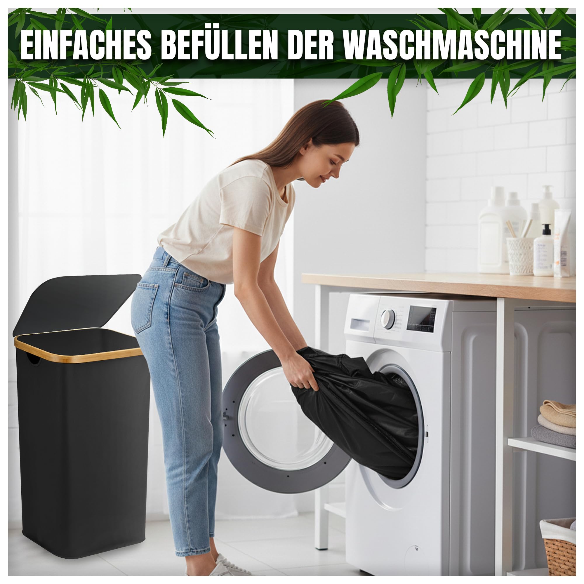 Wäschekorb mit Deckel 100l, Wäschesammler, Wäschebox, Wäschetonne, hoher Wäschekorb mit Bambusrahmen, Aufbewahrungsbox für Spielzeug, Handtücher, Geschenkpapier, laundry box, Pfandflaschensammler