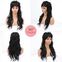 BESTUNG 80-as Évek Mullet Paróka Fekete Nőknek - Egyenes, Hosszú Wolf Cut Stílus, Frufruval, Hőálló Szintetikus Haj, Ragasztó Nélküli 5