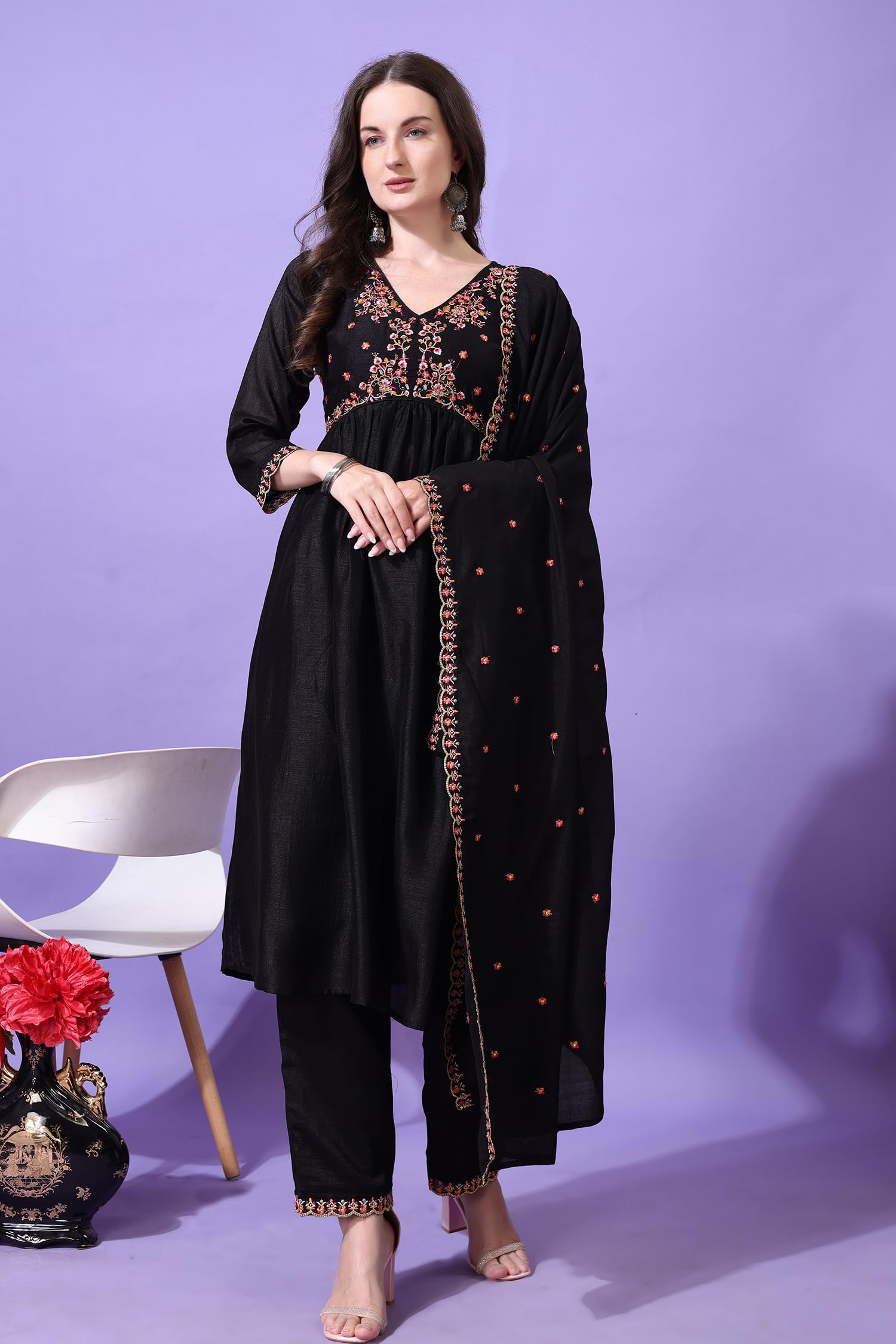 Pratham Blue Women's Silk Embroidered Anarkali Kurta Palazzos With Dupatta |Kurta Sets For Women |Women Kurta | Women Embroidered Kurta Sets Kurtis |Women Kurta Pant Set (Bkp-1003-S_Black)