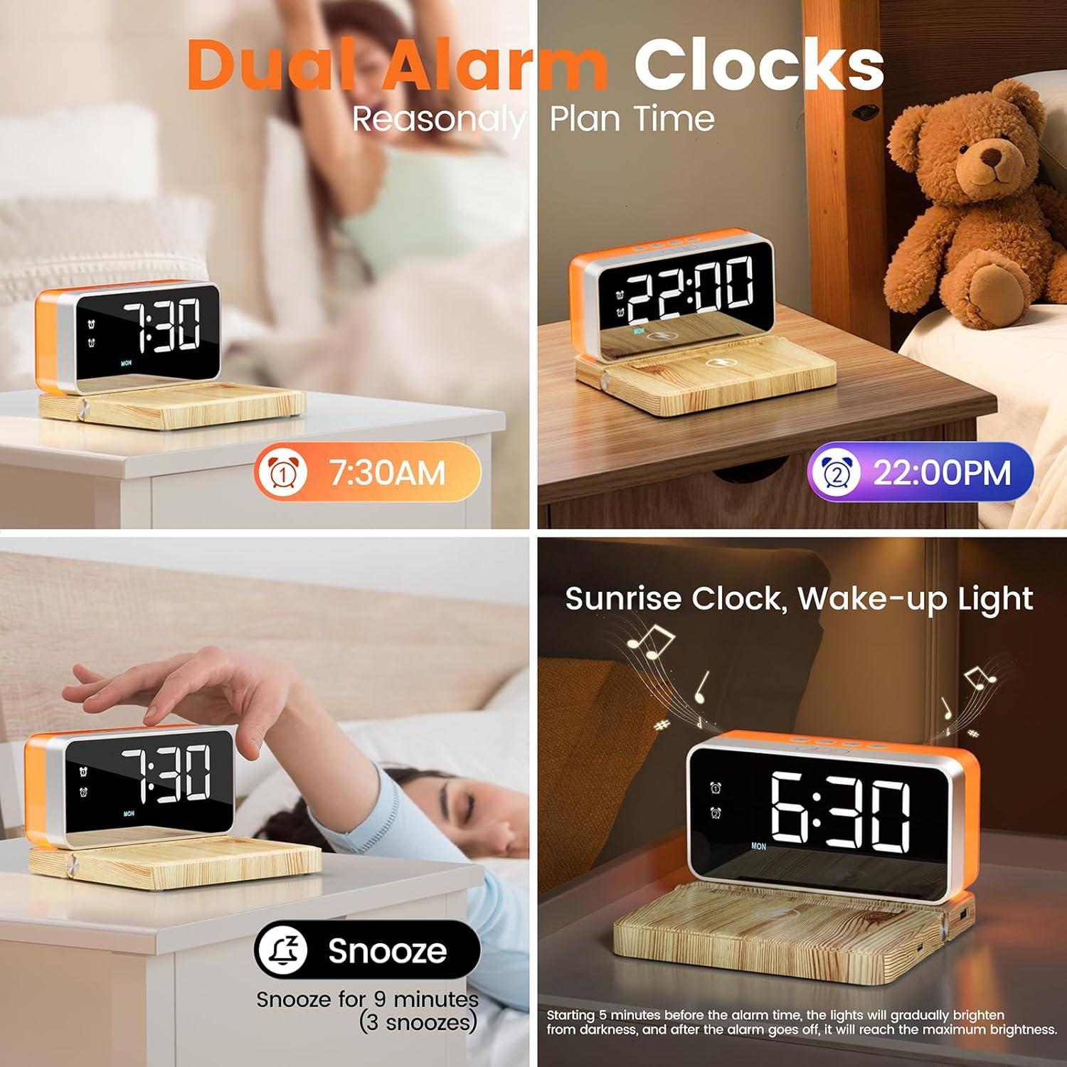 Bedroom Alarm Clock for Heavy Sleepers - 5 in 1 Magnetic 10W Wireless Charger with White Noise Bluetooth Speaker RGB Light Dual Alarm (Woodgrain)