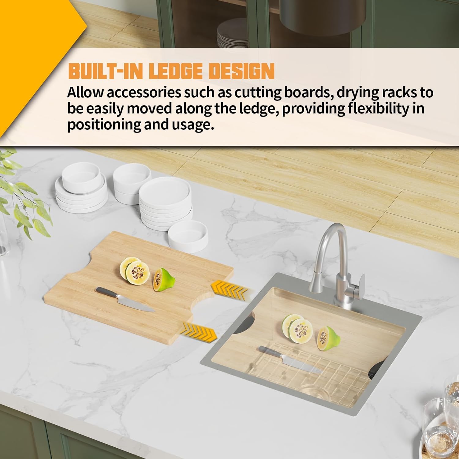 Kitchen Sink Workstation, 21x20 In Stainless Steel Drop In Single Bowl Built-in Ledge Small Topmount Workstation Kitchen And Bar Sink With Accessory-SS Grid Cutting Board,Silicon Mat,Drain Assembly