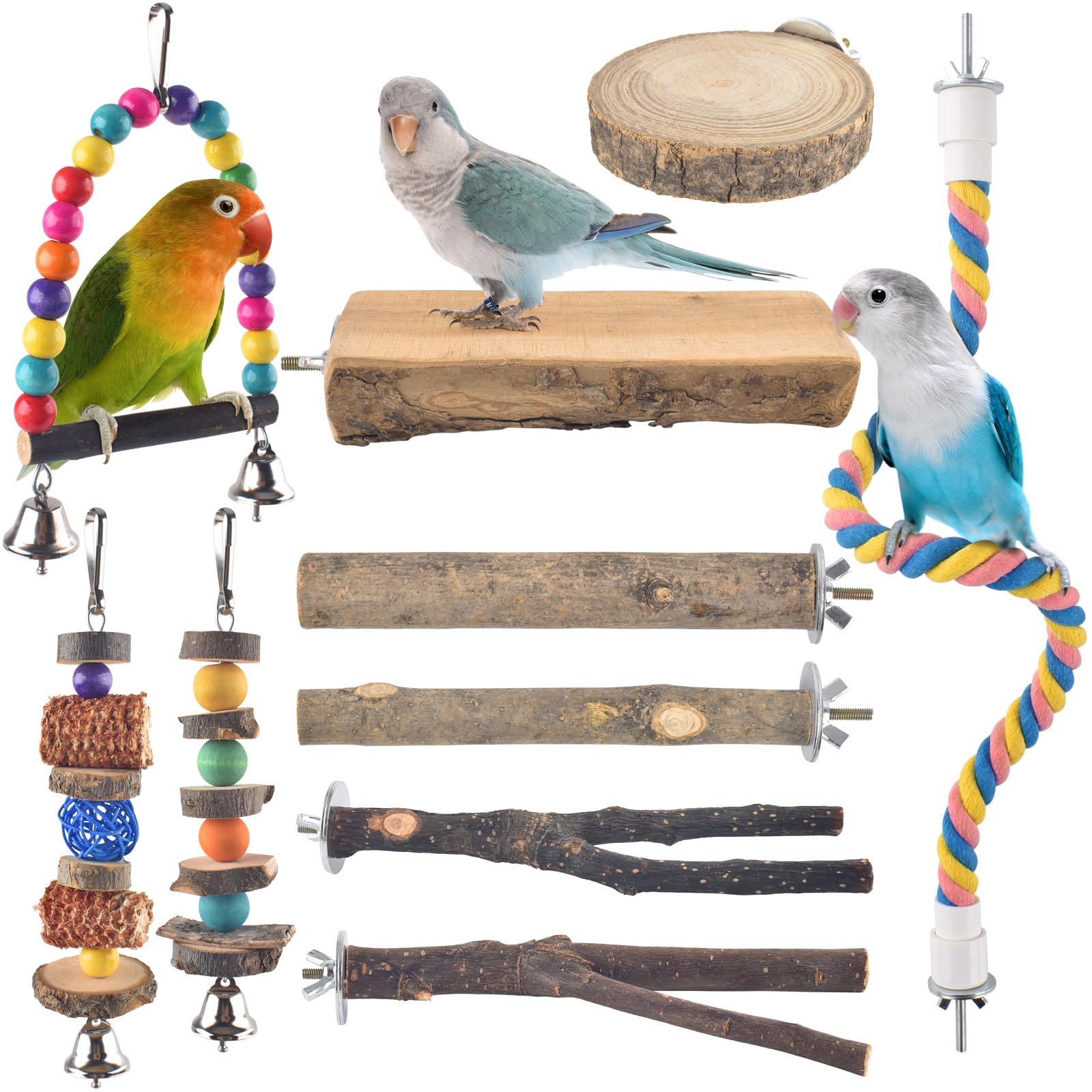Bissap 10 PCS Bird Chew Toys, Parakeet Natural Wood Parrot Hanging Cage Toy Swing Rope Paw Fork Perch Stand Platform for Small Birds Conure Cockatiel Parrotlet Lovebird Budgie Exercise Training