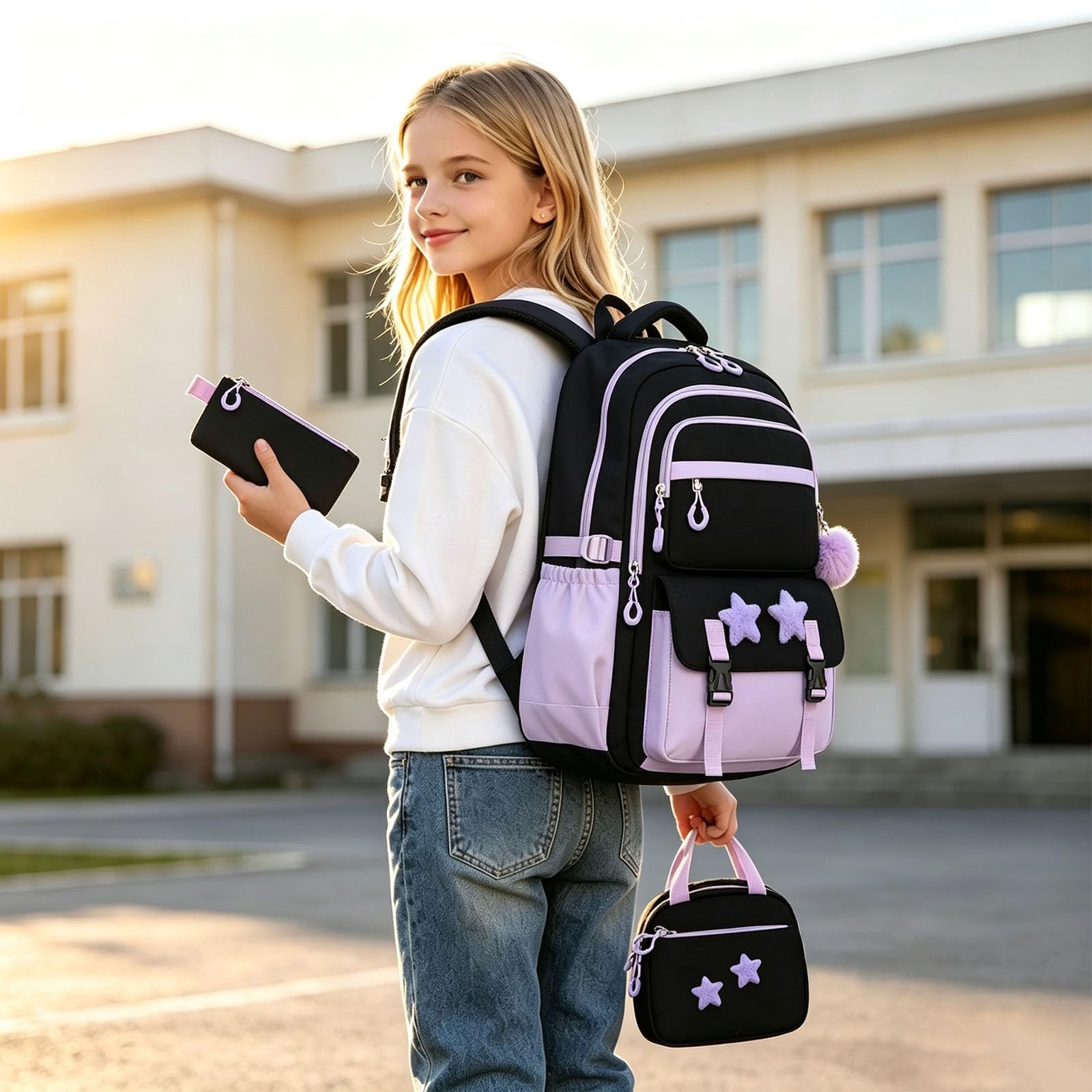 Zaino Bambino Scuola Elementare, Zainetto Bambino,Zainetto per bambini con pranzo e matita per la scuola e i viaggi (Purple One Size)