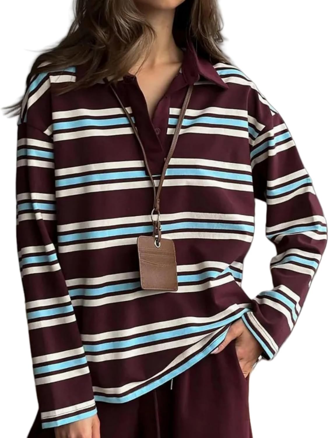 Perbai Women's Rugby Striped Polo Shirt Casual Collared V Neck Button Long Sleeve Y2k Sweatshirt 90s Streetwear