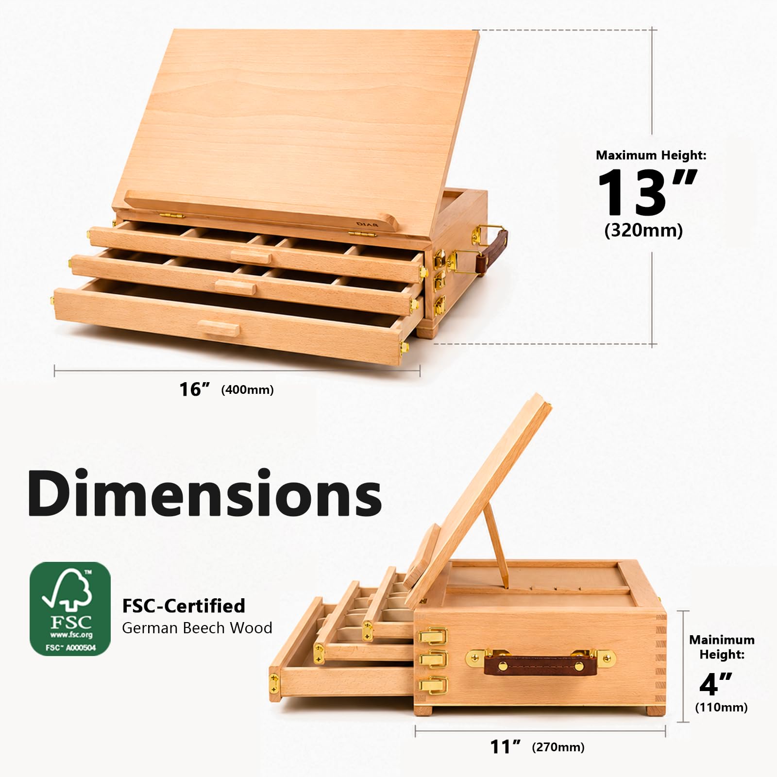 DJAR Caballete artístico de mesa con 3 cajones, portátil y ajustable de madera de haya, soporte de pintura para adultos y estudiantes