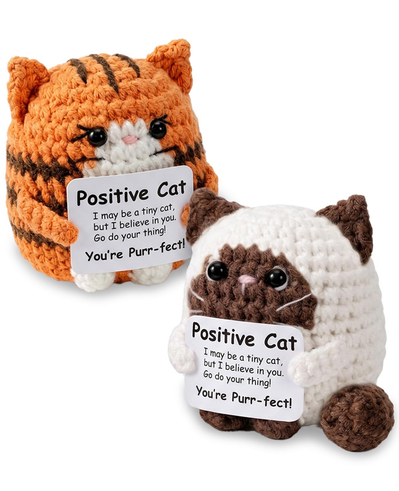 Thhiit 2 Pcs Positive Cat, Mini Crochet Ginger White Animal Dolls with Inspirational Card for Women Men Emotional Support Gifts and Decor