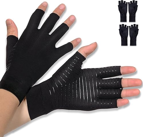 2 pares de guantes de cobre para artritis, alto contenido de cobre, guantes de compresión antideslizantes sin dedos, para mujeres y hombres, alivia