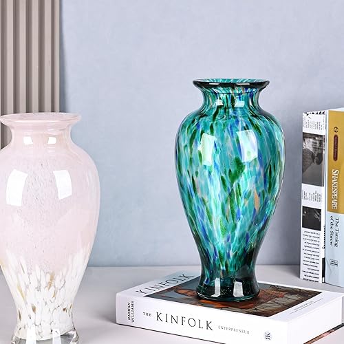 Miniatura 6 de Jarrón de cristal turquesa de 11.8 pulgadas de alto, hermoso jarrón de vidrio soplado a mano, arte moderno, decoración del hogar, jarrones coloridos
