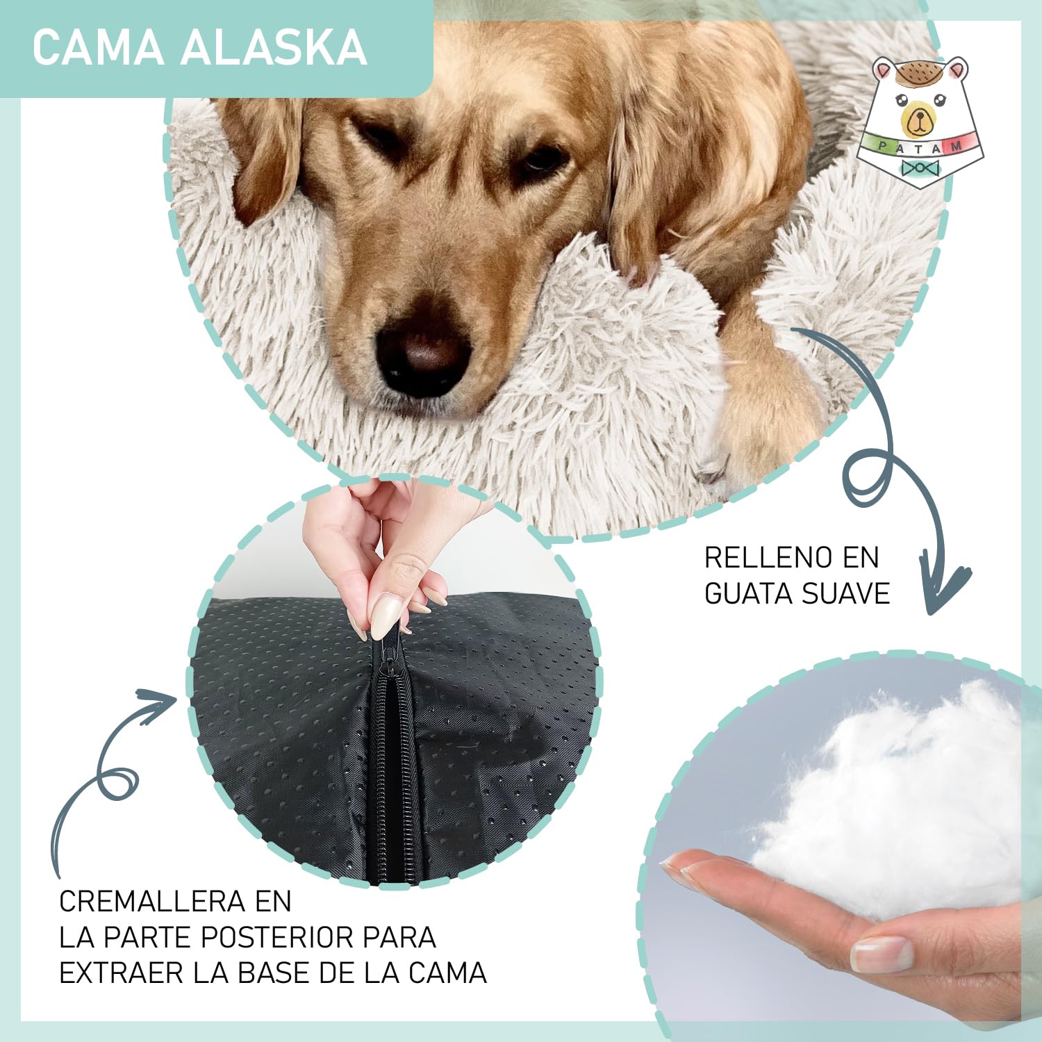 PATAM Cama Redonda de Felpa para Perros y Gatos con Funda Lavable a máquina, Antideslizante - Alaska Crema, Extra-Large 81 cm