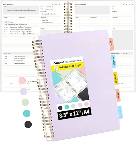 SUNEE Cuaderno de reuniones para trabajar con elementos de acción, 160 páginas, planificador de proyectos de tamaño A4, agenda de reuniones