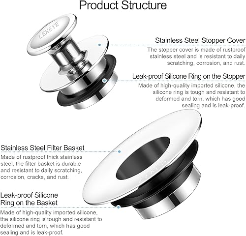 Miniatura 6 de LEKEYE Tapón de bañera  Tapón de fregadero  Tapón de drenaje  para desagües de bañera y baño, 1 paquete