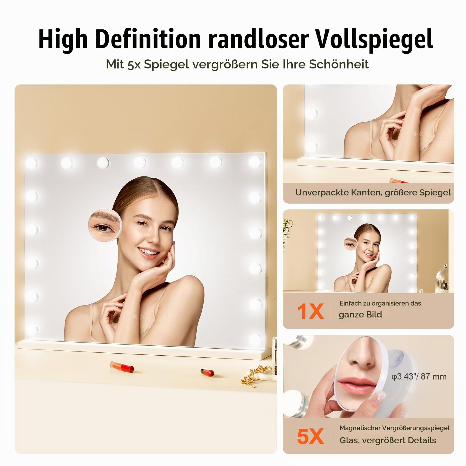 VEVOR Hollywood Schminkspiegel mit Beleuchtung, dimmbare Glühbirnen & 3 Farbbeleuchtungsmodi, Kosmetikspiegel mit Abnehmbarer 5-facher Vergrößerung, USB, Typ C, Smart-Touch-Steuerung, 791x597mm