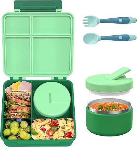 Lonchera Bento para niños con termo de sopa de 8 onzas, recipientes a prueba de fugas con 4 compartimentos, tarro térmico de comida caliente para la