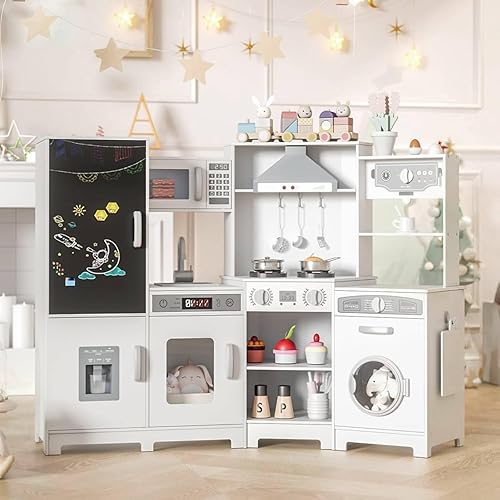 Miniatura 9 de MAMIZO Cocina de Esquina de Madera de Juego, Gran Set de Juego de Cocina Interactivo Definitivo para Niños Pequeños de Simulación con Pizarra