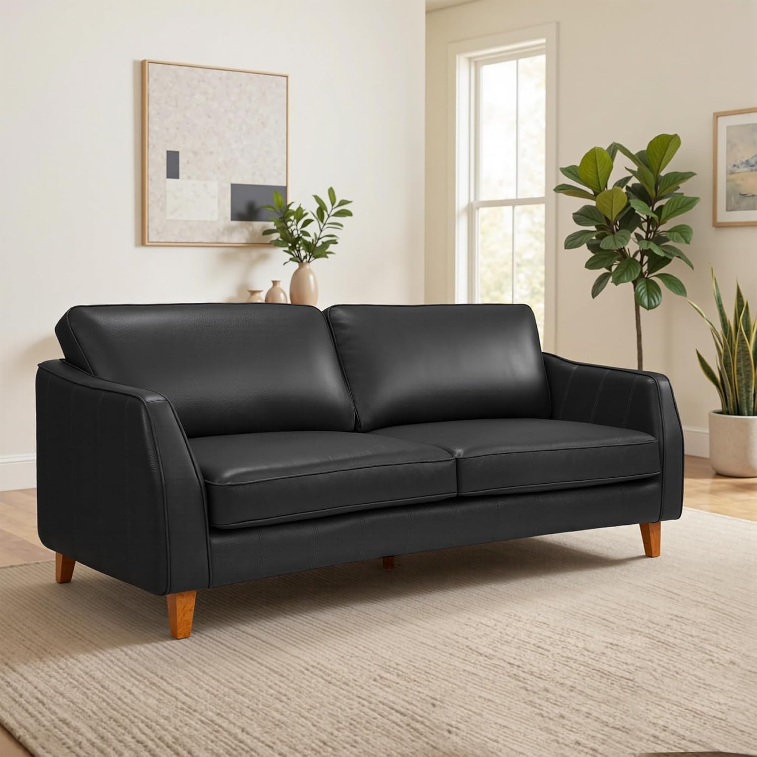 MCombo 84 Inch Oversized Genuine Leather Sofa, Real Leather Sofa with Feather-Fiber Pillow & Solid Wood Frame, Napa Leather Loveseat for Living Room VE727 (Black)