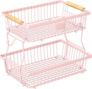 2 Tier Fruit Basket for Kitchen Counter with 2 Banana Hangers, Countertop Metal Fruit Bowl with Wooden Handle, Large Storage Stand for Vegetables, Snacks, Breads, Produce Storage – Pink