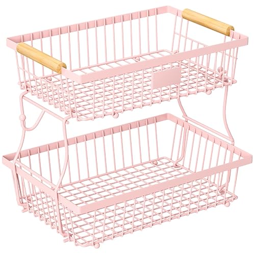 Astrorhine 2 Tier Fruit Basket for Kitchen Counter with 2 Banana Hangers, Countertop Metal Fruit Bowl with Wooden Handle, Large Storage Stand for Vegetables, Snacks, Breads, Produce Storage – Pink