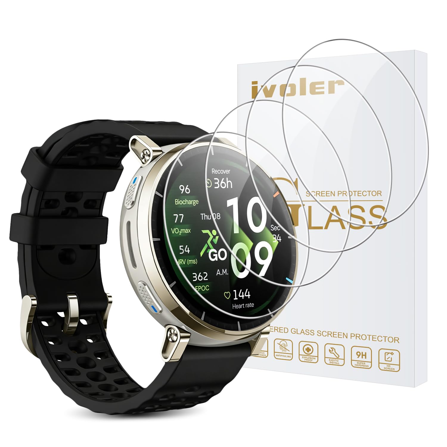 ivoler 4 Piezas Protector de Pantalla para Amazfit Active 3 Premium/Amazfit Balance 3 / Balance Ultra, Cristal Vidrio Templado Anti-Arañazos, Dureza 9H, Antihuellas, HD Transparente, Sin Burbujas