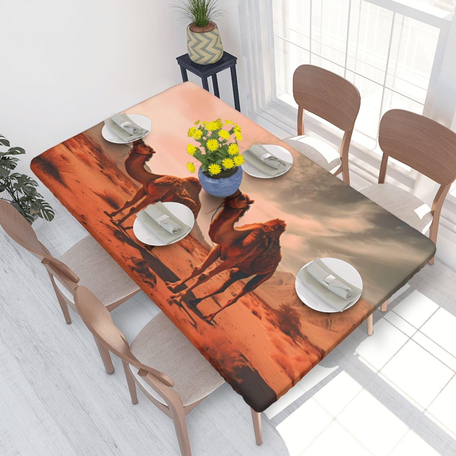 Camels Rest Desert Waterproof Square Table Cover Elastic Fitted Tablecloth Oil Proof Table Protector For 4ft Table