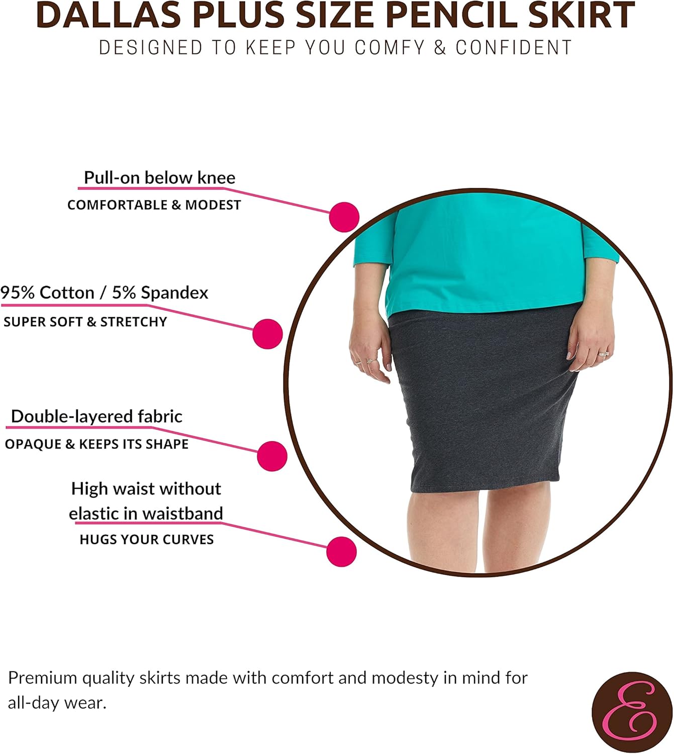 ESTEEZ Plus Size Knee Length Stretchy Cotton Pull-On Pencil Skirt for Women 1X - 4X - Dallas - Image 3