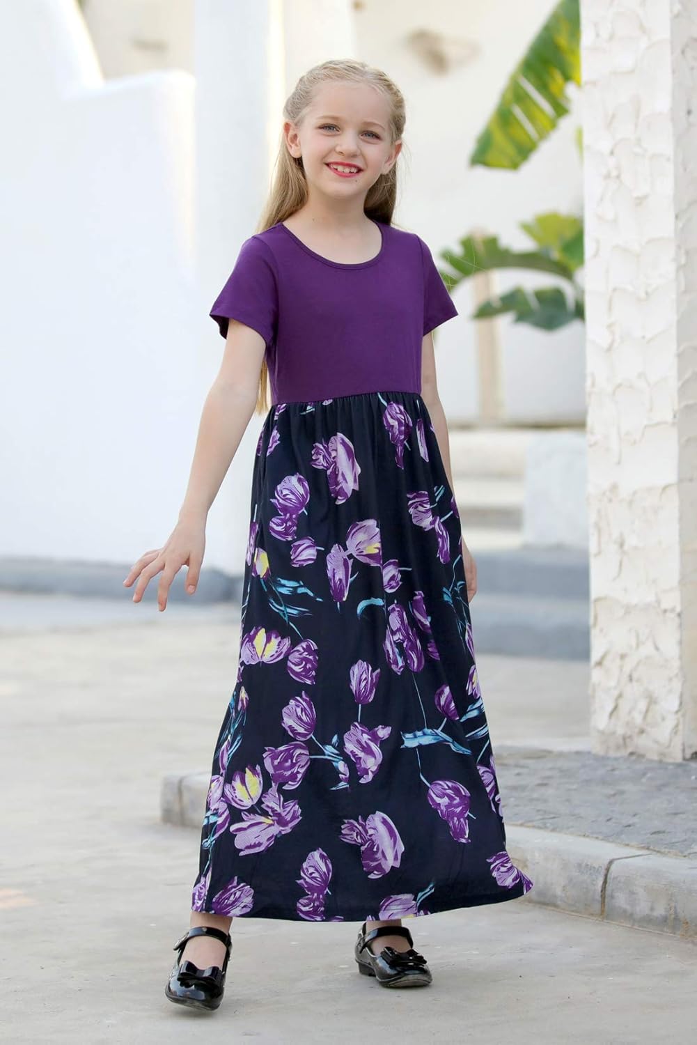 GORLYA Girl's Short Sleeve Patchwork Floral Print Loose Casual Long Maxi Dress with Pockets for 4-12 Years Kids - Image 5