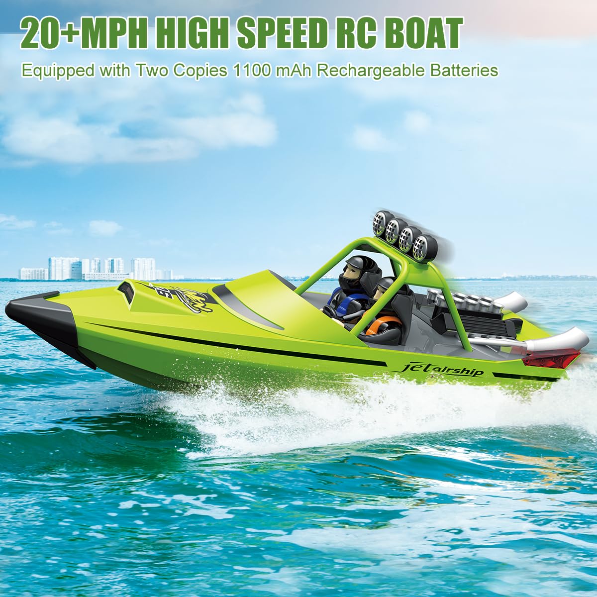 fisca RC-Boot mit LED-Licht für Kinder und Erwachsene, 2.4GHz selbstaufrichtendes ferngesteuertes Boot, 30KM/H Hochgeschwindigkeits-Rennboote Spielzeug für Pools Seen Fluss