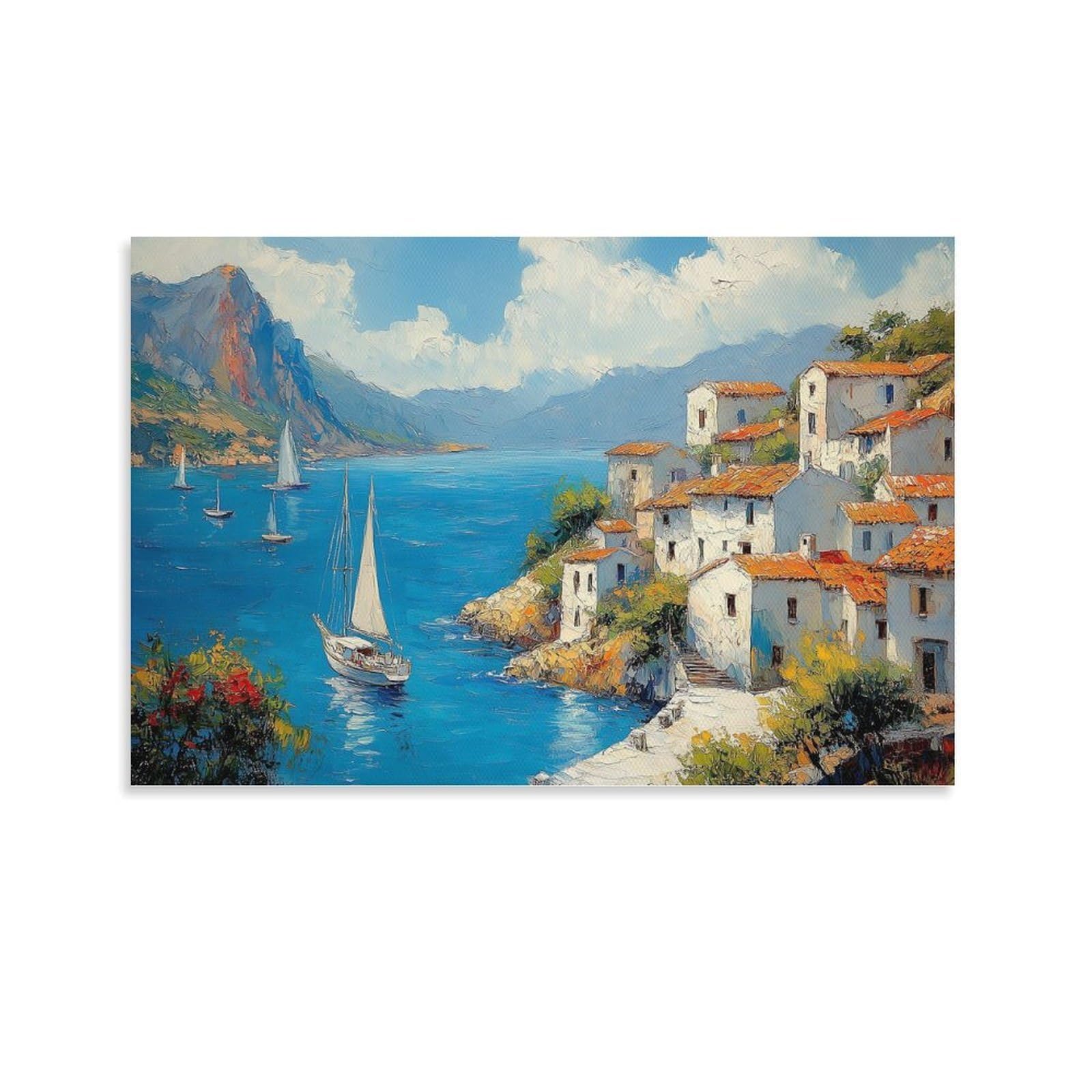 CPLVKWRQJ Coastal City Single Piece Mediterranean Coastal Village Canvas Print - Kitchen Canvas Wall Decor Easy to Clean Removable Focal Point 24x36inch(60x90cm)