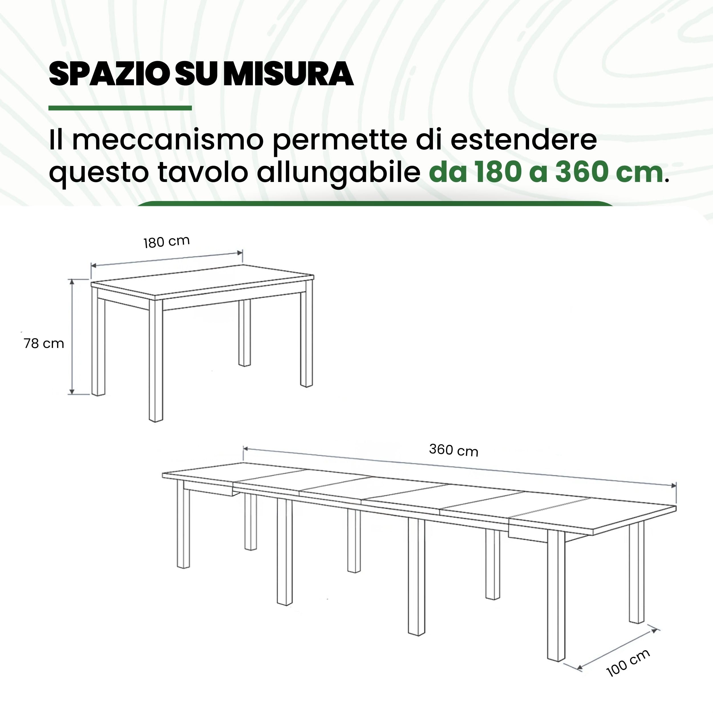 Mar.c.a. Design - Tavolo Rettangolare Allungabile da 180 a 360 cm con Gambe Dritte - Tavolo in Legno Massello 180x100x78 cm - Arte Povera Made in Italy