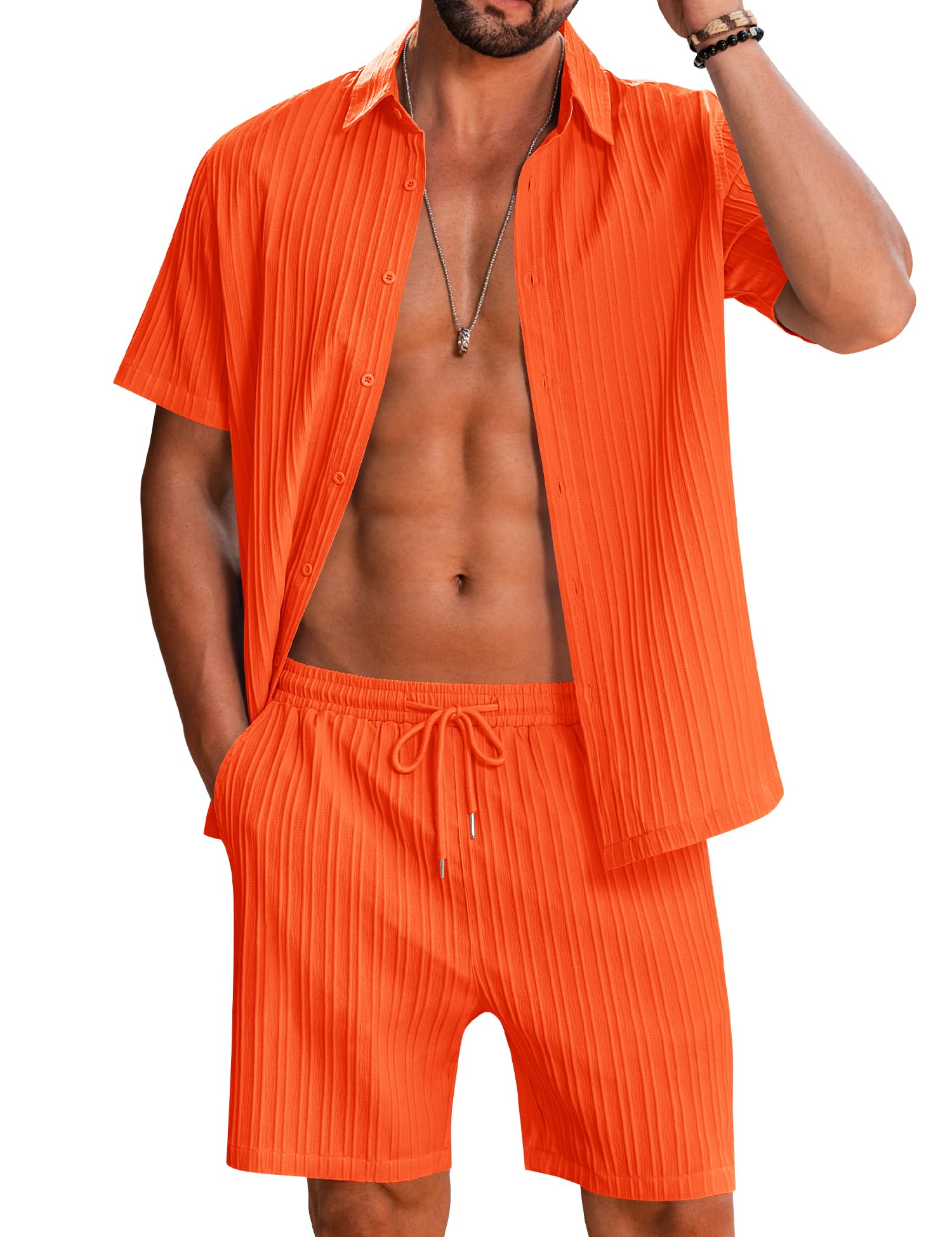 LecGee Men's 2 Piece Vertical Striped Textured Outfits Summer Casual Button Down Shirts and Shorts Matching Sets