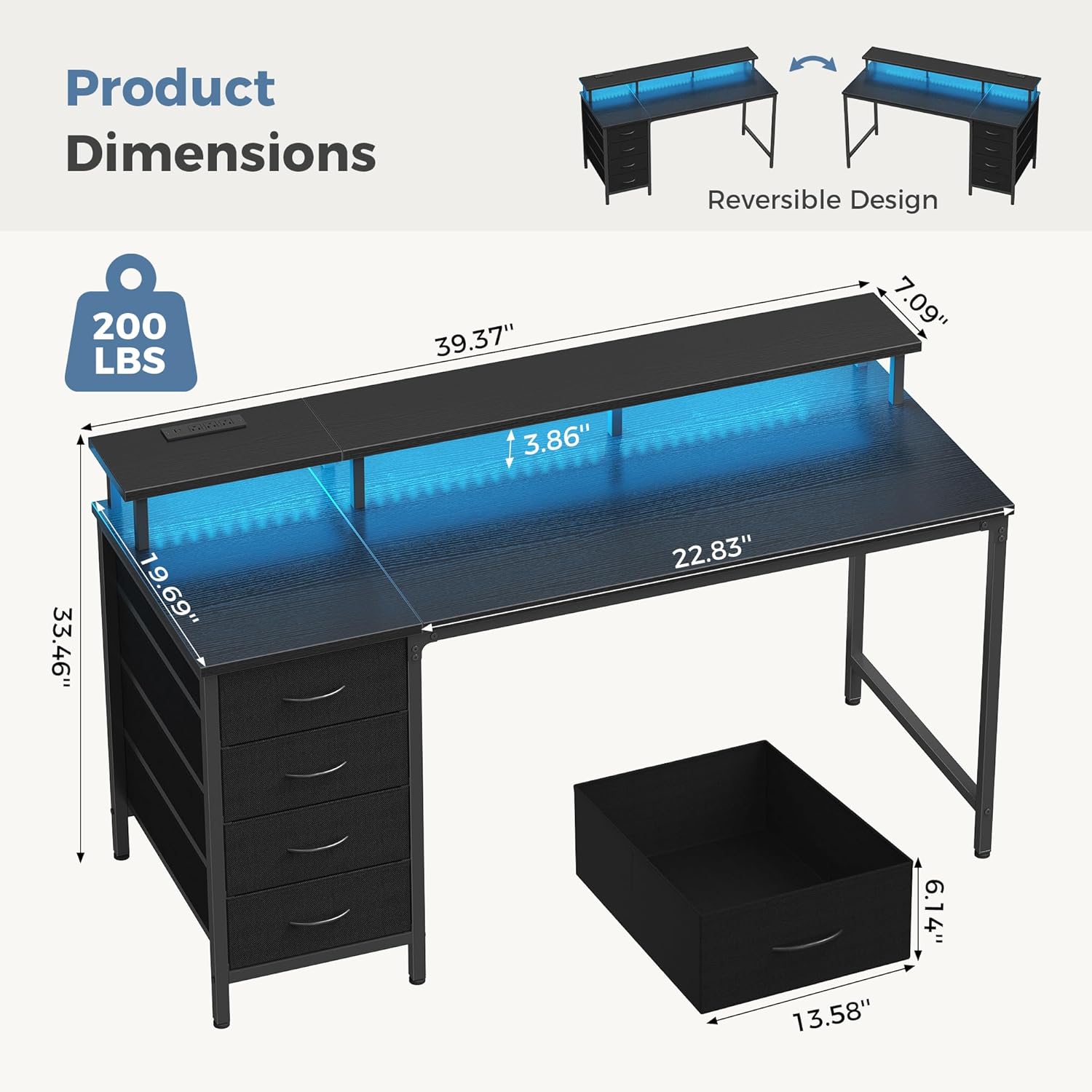 DUMOS 40 Inch Computer Desk with 4 Drawers,4 Drawer Gaming Desk with Power Outlets and LED Lights,Office Desk for Small Spaces with Monitor Shelf,Writing Desk for Home Office, Bedroom,Study,Black
