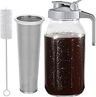 Glyntrof 64oz Cold Brew Coffee Maker Pitcher - Heavy Duty Glass Mason Jar with Stainless Steel Filter & Leak-Proof Spout Lid for Iced Coffee, Tea