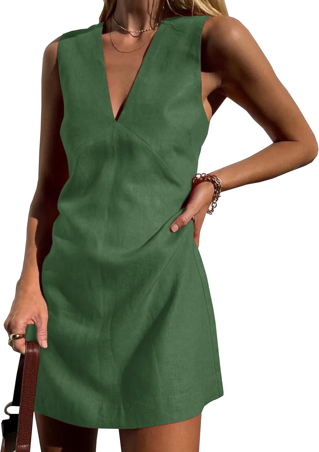 Megfie Womens Summer Cotton Linen V Neck Short Dress Sleeveless Mini Dress Casual A Line Tank Sundress