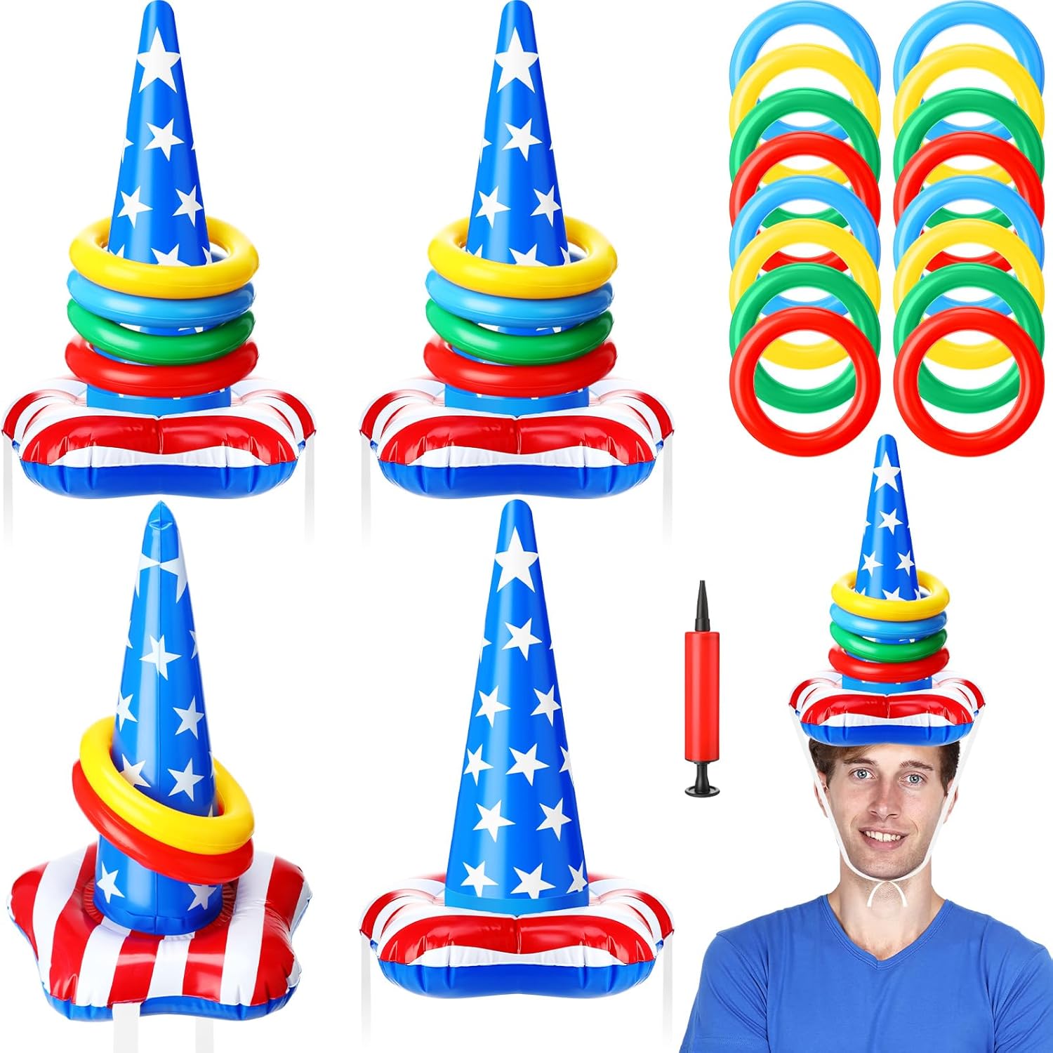 MiniInflat 4 Sets Fiesta Party Favor Mexican Inflatable Ring Toss with 24 Rings and 1 Air Pump for Cinco de Mayo Sombrero Picnic Outdoor Indoor Supplies