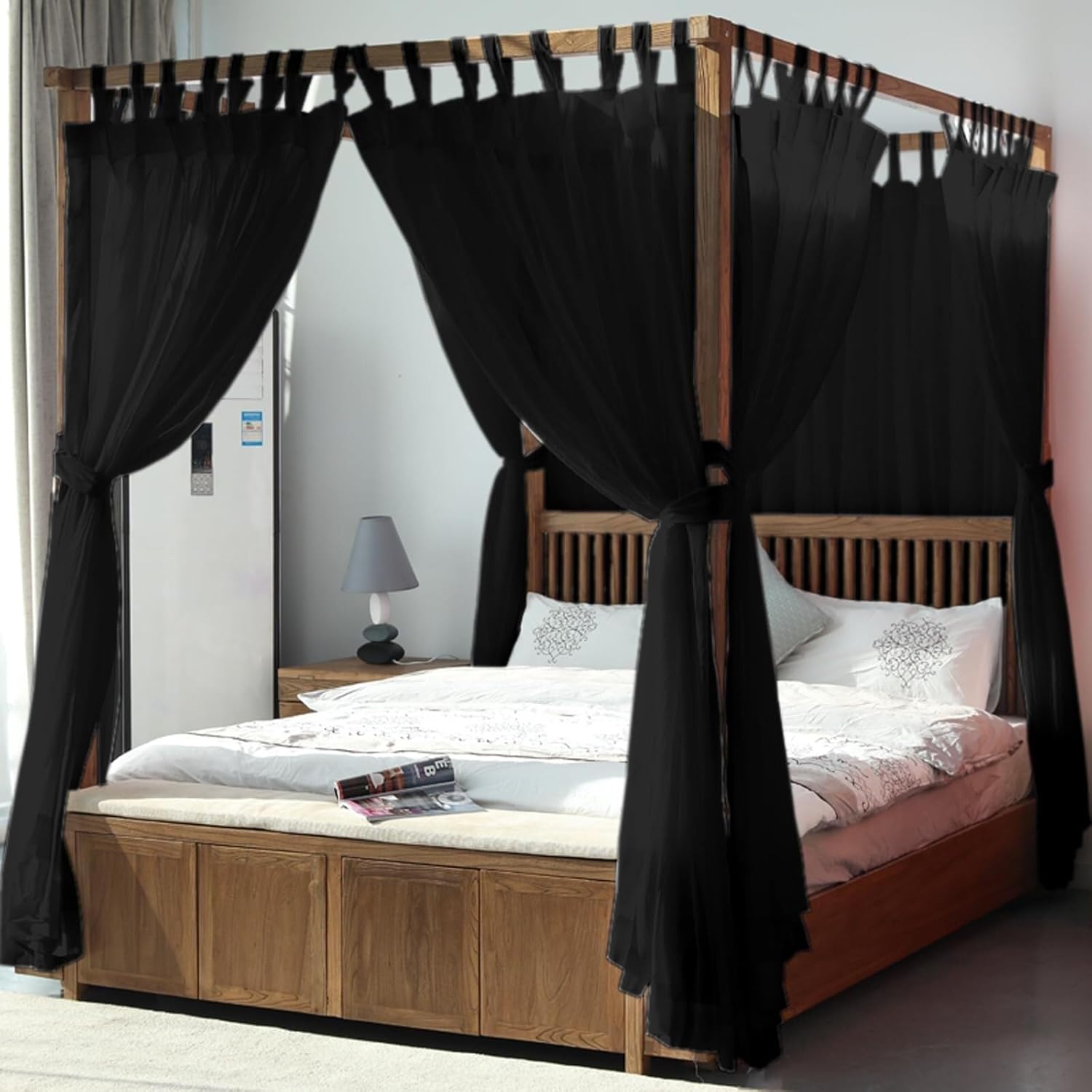 Canopy Bed Board with Top and Self-Adhesive Hook and Loop Fasteners Strips, White Gauze Princess Bed Canopy Curtain Tent, Create A Romantic Room Atmosphere(King/Cking,Black)